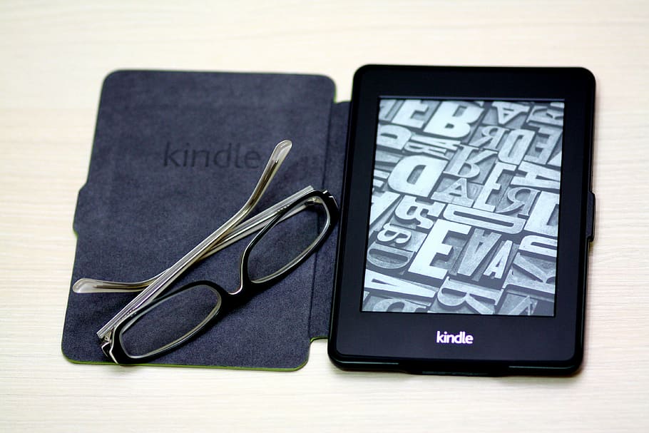 turned, black, amazon, kindle, e-reader, paper white, book, device, glasses, e-book