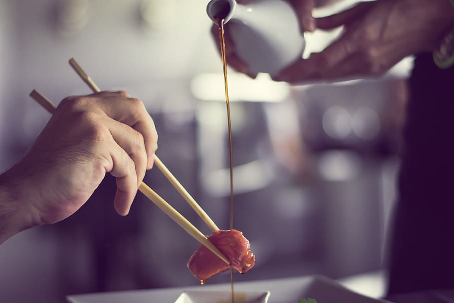 person, pouring, sauce, holding, chopstick, food, Salmon, Soy, Japanese, Cook