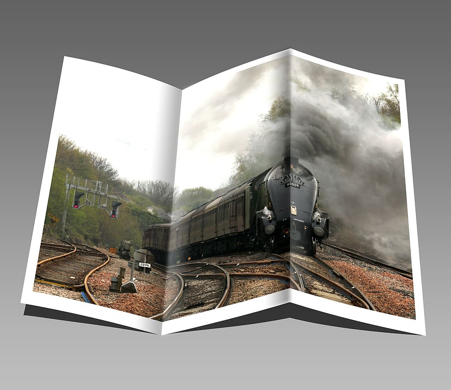 black, train, daytime, booklet, pamphlet, engine, locomotive, steam, smoke, rail