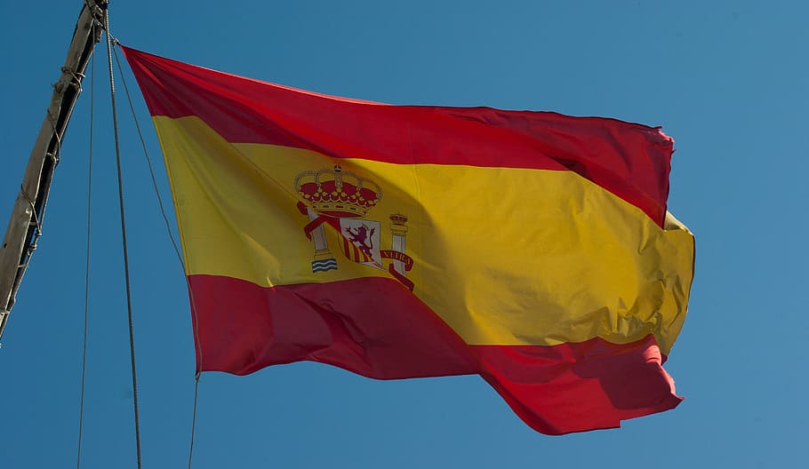 spain, flag, spanish flag, wind, patriotism, environment, sky, yellow, waving, textile