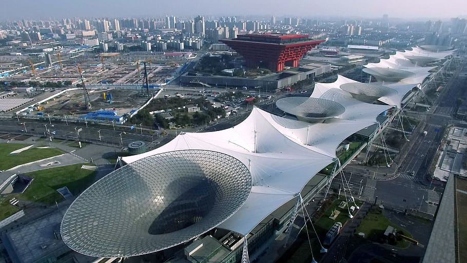 China, Shanghai, Expo, Shangai, sitio de la expo, fuentes de la expo, vista aérea, ninguna persona, exterior del edificio, exterior