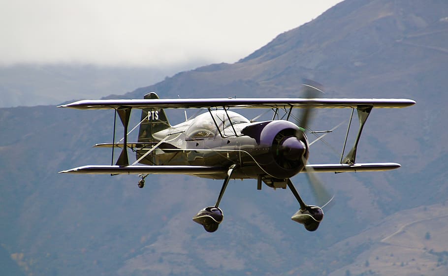 Pitts Model 12, gay seaplane, air vehicle, airplane, mountain, mode of transportation, transportation, flying, sky, mid-air