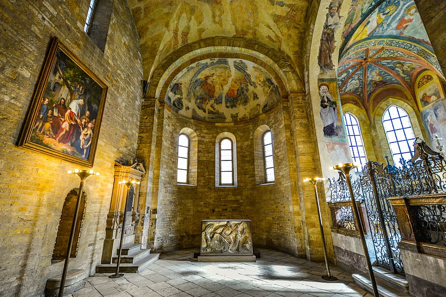 cathedral interior, prague, castle, windows, altar, religion, czech, ancient, art, fresco