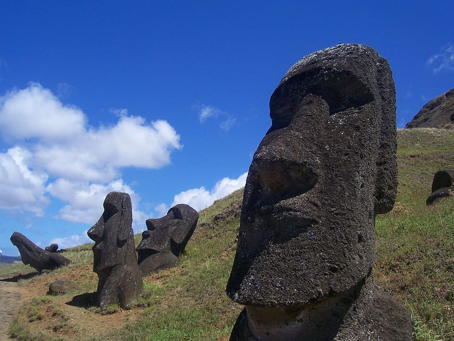 rapa nui, moai, easter island, chile, travel, sky, clouds, landscape, nature, blue