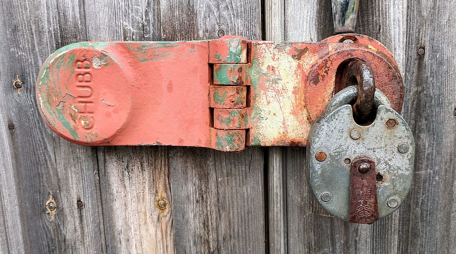 lock, hasp, rusty, gate, vintage, door, wooden, rust, entrance, metal