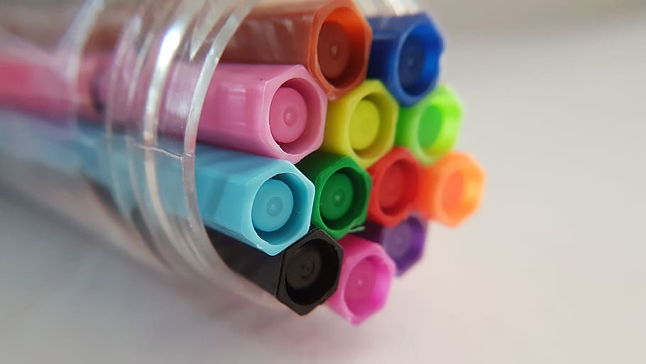 colorido, bolígrafos, papelería, caja, grupo, multicolor, interior, elección, variación, no personas