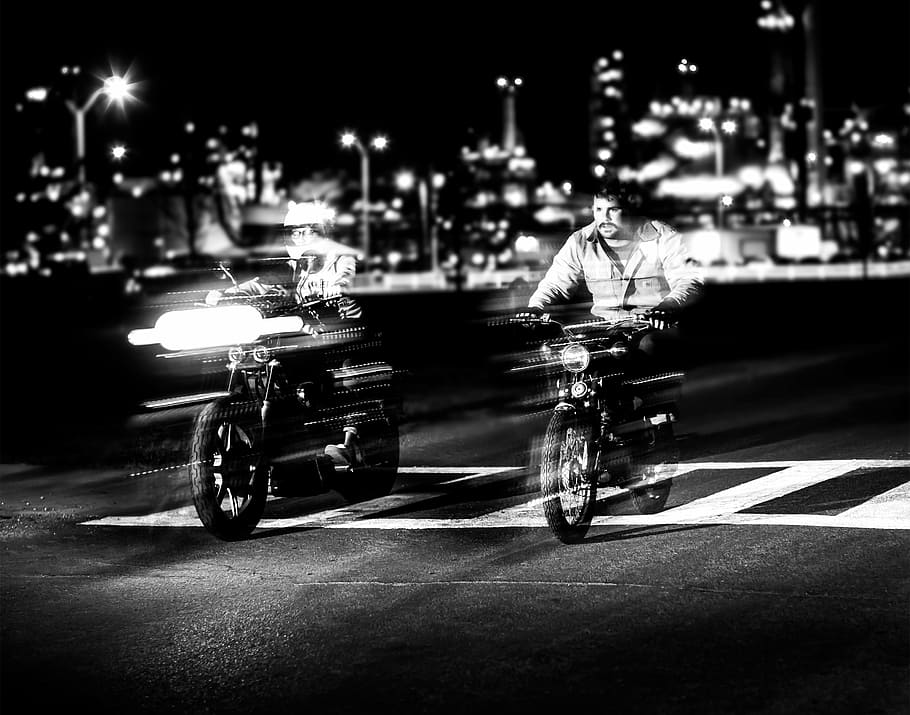grayscale time-lapse photography, two, men, riding, motorcycle, nighttime, motor, black, white, pedestrian