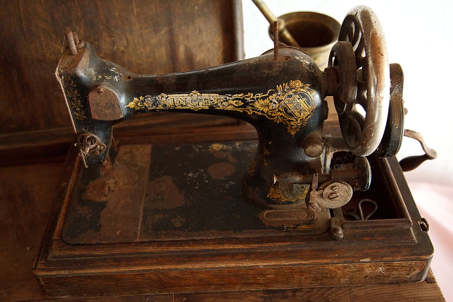 black, brown, sewing machine, ancient, antique, domestic, equipment, industry, machine, metal