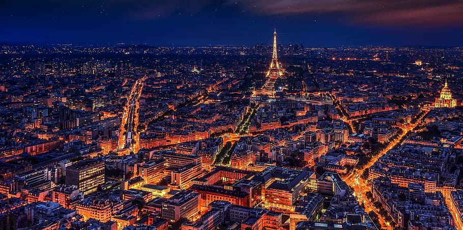 aéreo, ver, rascacielos, edificio, noche tiem, París, Francia, Torre Eiffel, noche, noche París