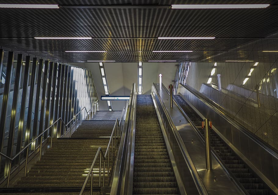 escalator, metro, stairs, railway station, architecture, modern, metal, urban, city, perspective