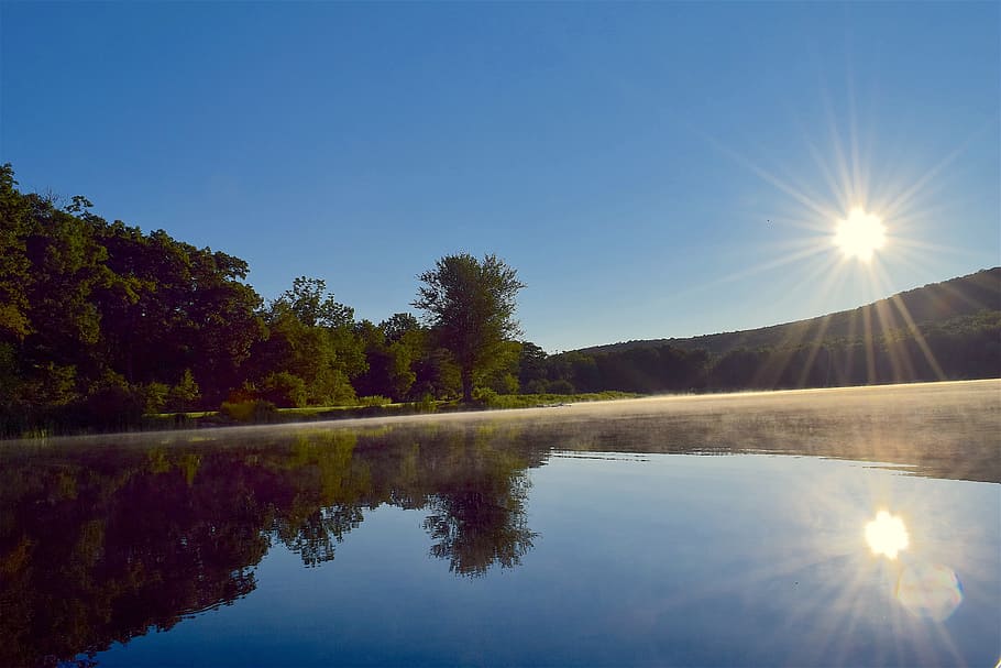 lake, sunrise, mist, water, reflection, calm, landscape, nature, sky, summer