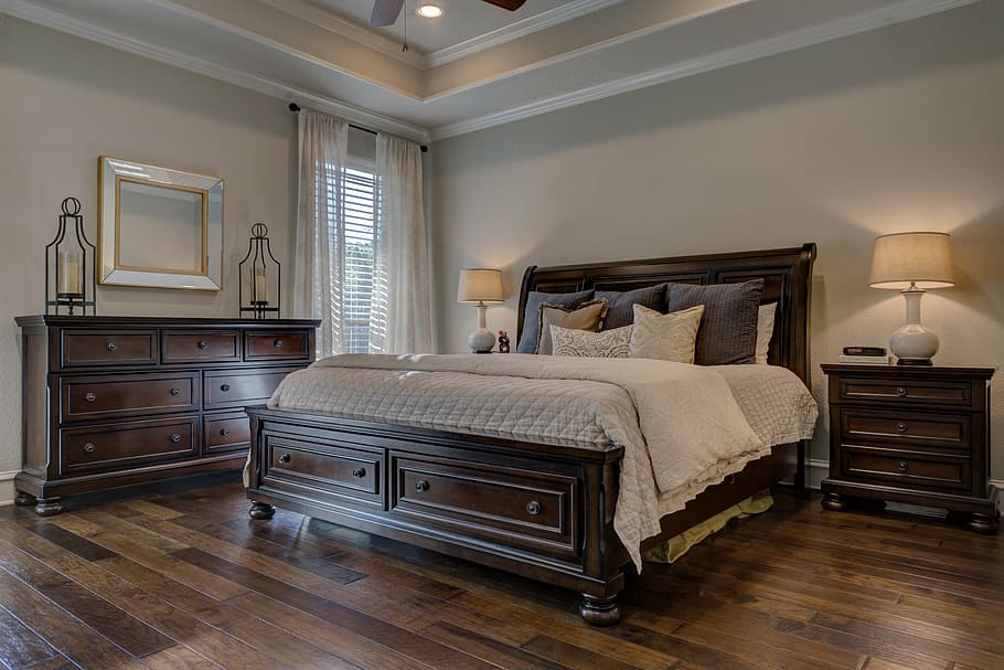 brown, wooden, bed frame, nightstand, bedroom, real estate, interior design, architecture, real, estate