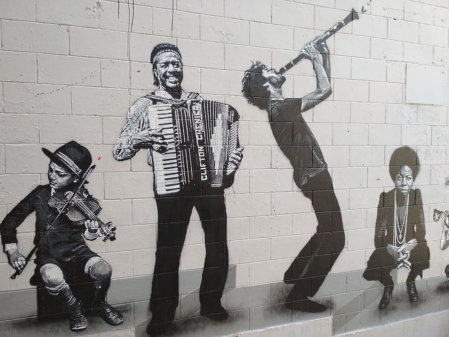 mural, music, accordion, orchestra, musicians, boys, wall - building feature, males, men, real people