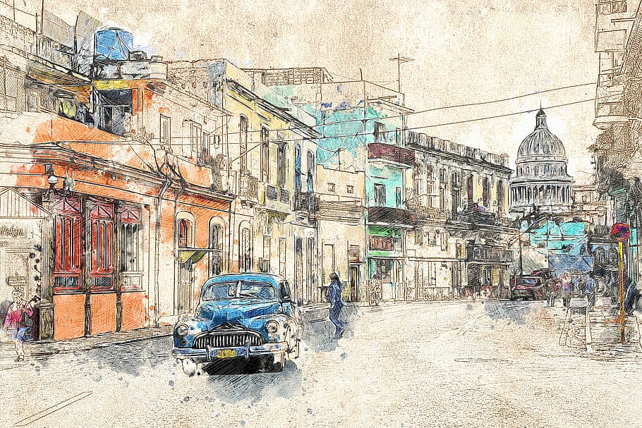 blue, vehicle, concrete, buildings painting, cuba, oldtimer, havana, old car, classic, old