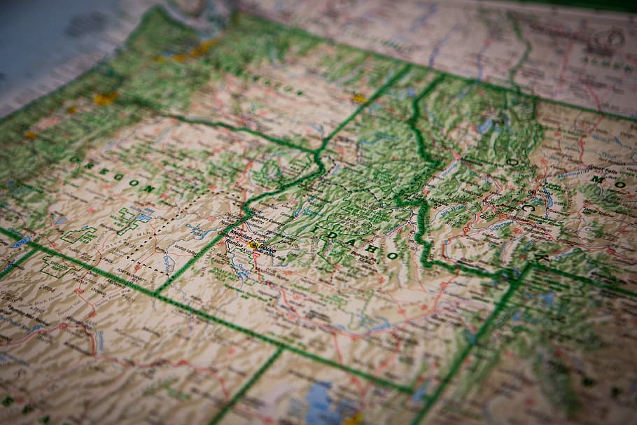 green, brown, map paper, guide, idaho, map, navigation, topography, travel, selective focus