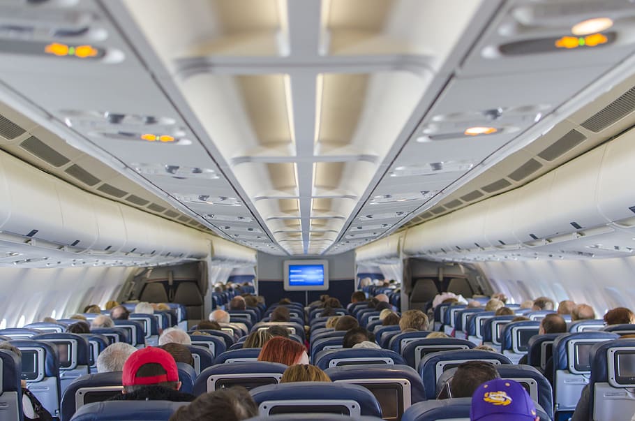 kelompok orang, di dalam, pesawat, kursi pesawat, penerbangan, penumpang, kabin, interior, papan, kursi