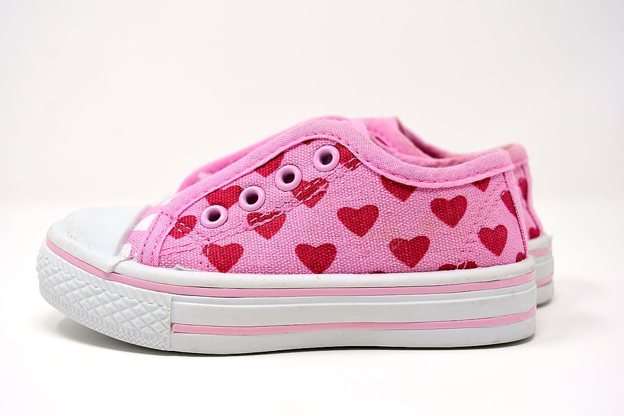 pair, pink-and-white low-top sneakers, white, surface, children's shoes, cute, sports shoes, sneakers, fashion, youth