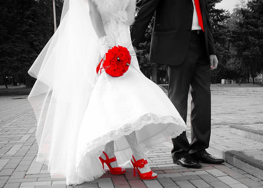 selective-color photo, red, flower bouquet, selective, necktie, red roses, sandals, wedding, the groom, bride