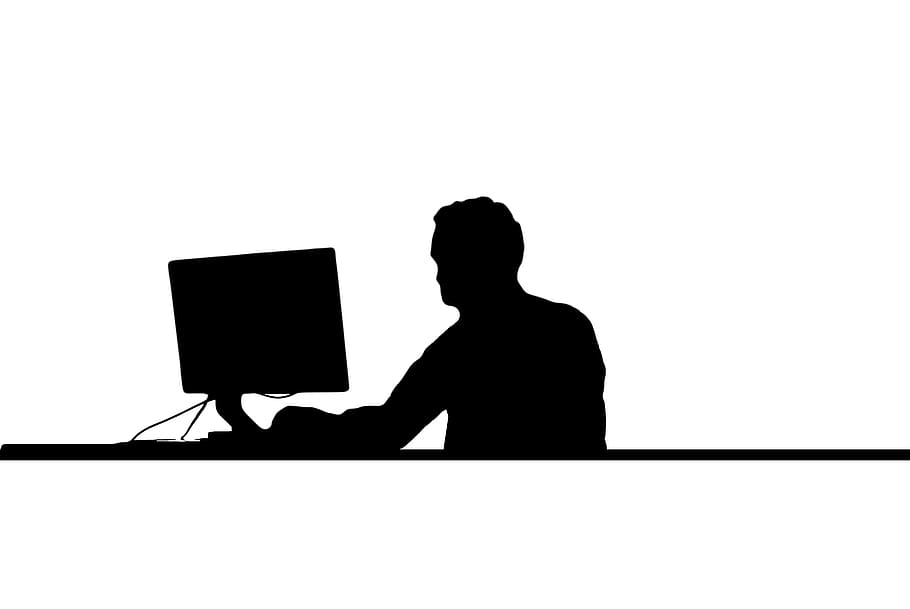 silhouette, man, front, monitor, desk, work, surf, computer, men, white background