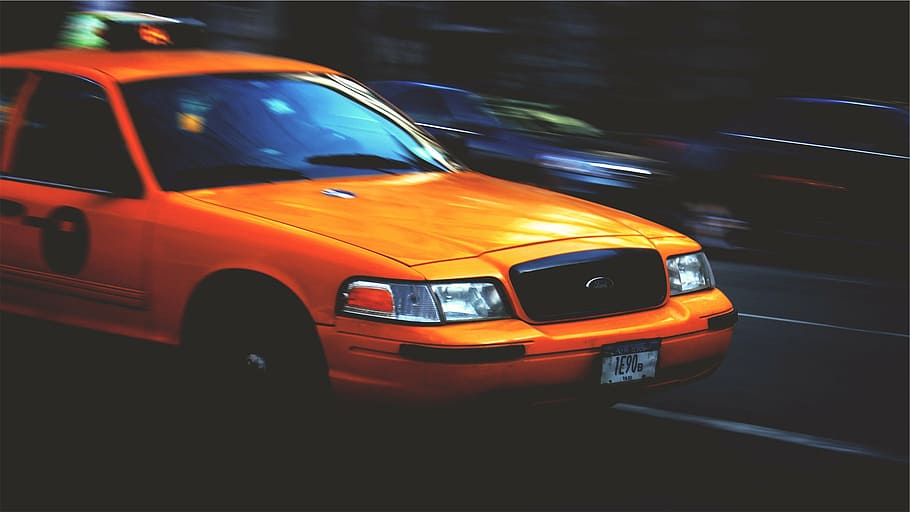 selective, focus photography, yellow, ford crown victoria, concrete, road, orange, ford, car, accelerating