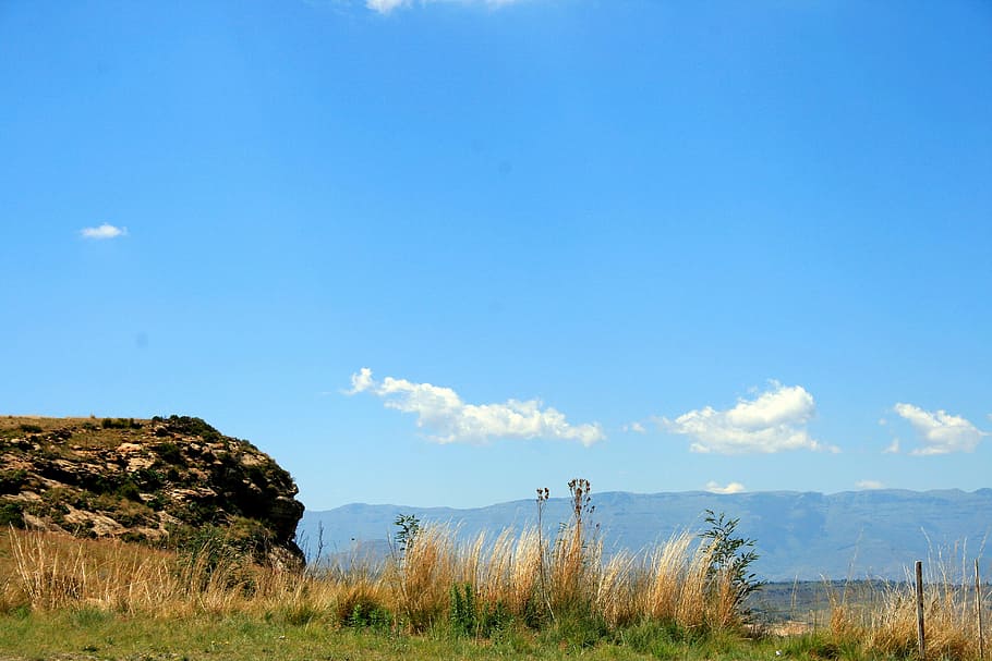 mountain scenery, landscape, mountains, outcrop, veld, grass, bleached, vista, sky, blue