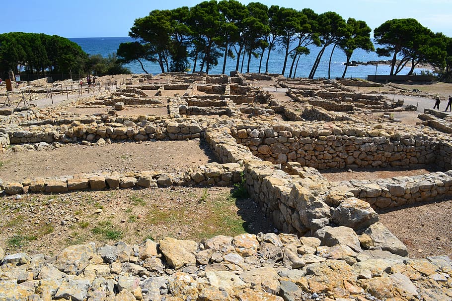 ancient ruins, ruins of empúries, empãºries, costa brava, ancient city, mediterranean, spain, ruins, pine, sea