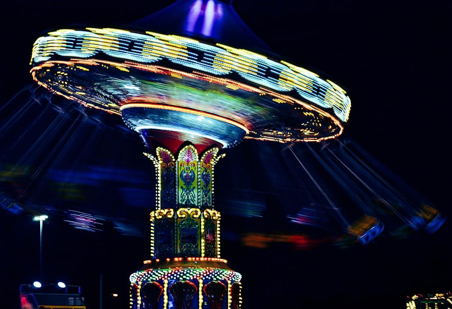 carnival, carnival ride, swing ride, ride, fairground, merry-go-round, night carnival, lights, swings, evening