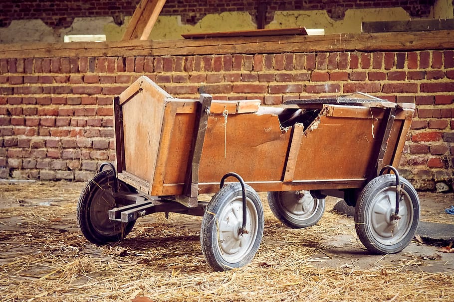 barn, stroller, wood, car, lost, places, broken, vintage, retro, wheels