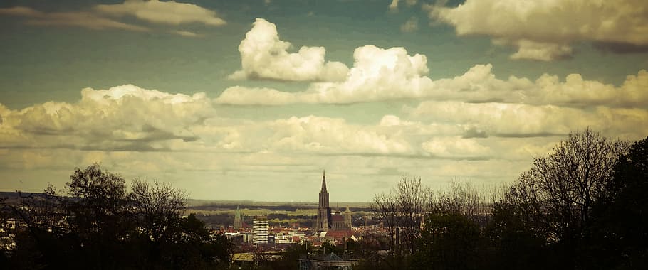 ulm, montaña vaca, münster, catedral ulm, ciudad, dom, campanario, vista a la ciudad, arquitectura, nube - cielo