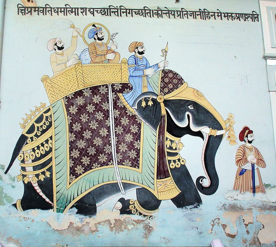 India, Rajastán, Shekawati, Mandawa, fresco, pared, pinturas, decoración, representación, arquitectura