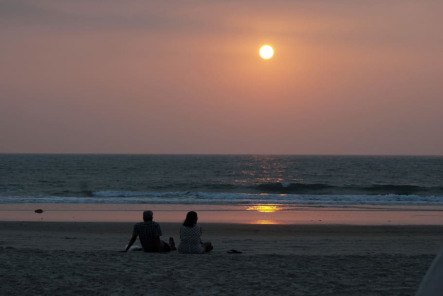 person, sitting, body, water, watching, Couple, Beach, South, Goa, Sunset, south