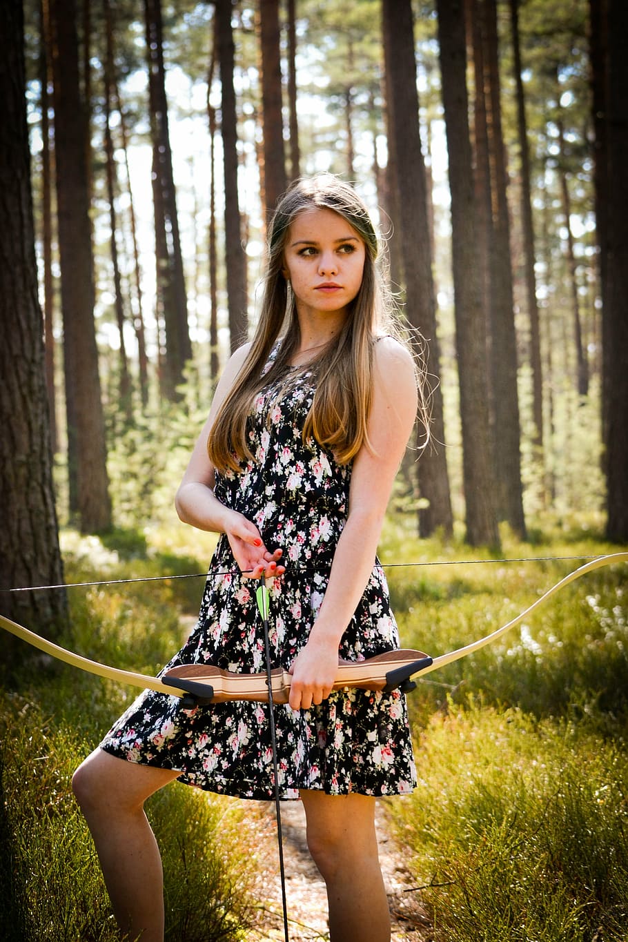 woman, wearing, tank mini dress, holding, composite, bow, arrow, forest, lady, beauty