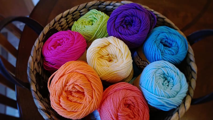 basket, assorted-color yarns, knitting, yarn, wool, textile, ball of wool, multi colored, art and craft, material