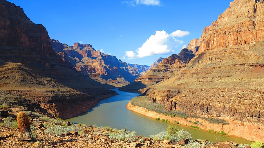 EUA, Grand Canyon, o Grand Canyon, paisagem, rochas, montanhas, nuvens, vista, rio colorado, natureza