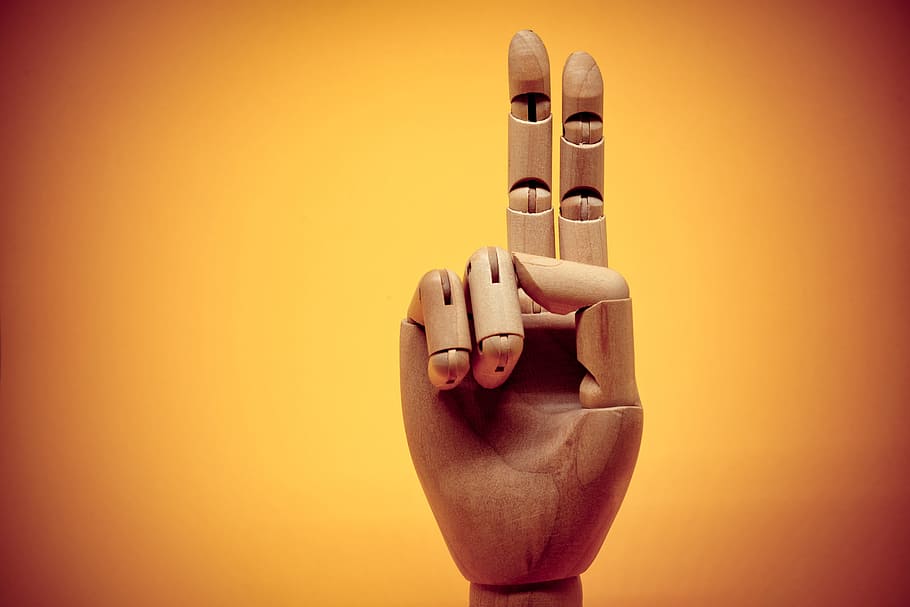 brown, wooden, puppet hand, gesture, hand, 2, two, finger, fingers, thumb