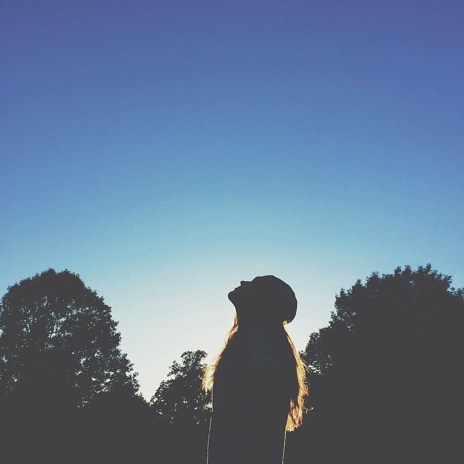 woman looking upward, girl, sunset, shadow, silhouette, long hair, blue, sky, trees, nature