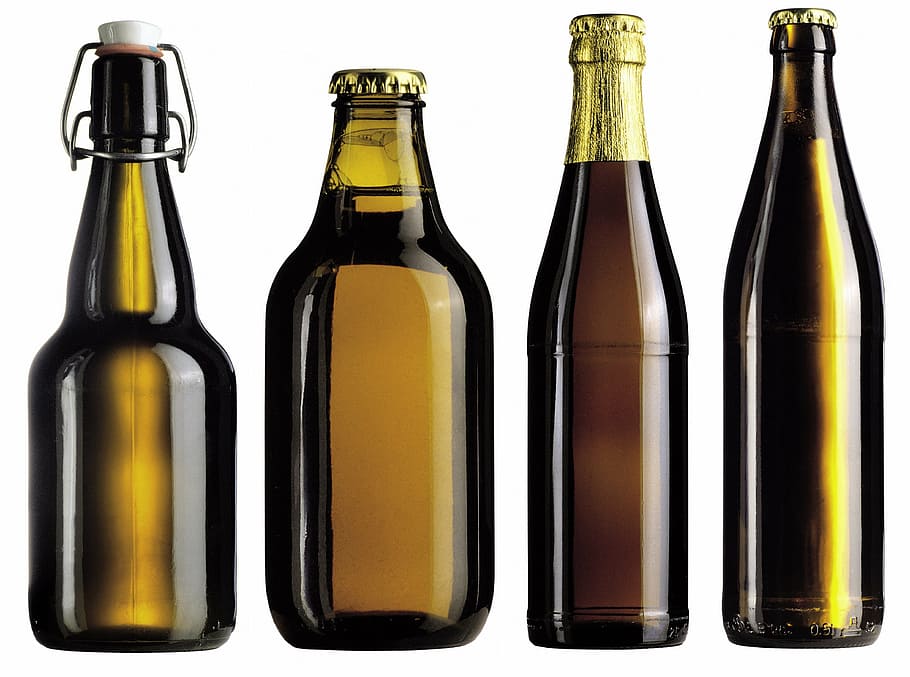 four glass decanters, beer, bottles, drinks, alcohol, glass bottle, bottle, binge, drink, bar