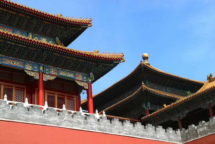 green, brown, temple, blue, sky, roof, china, dragon, forbidden city, architecture
