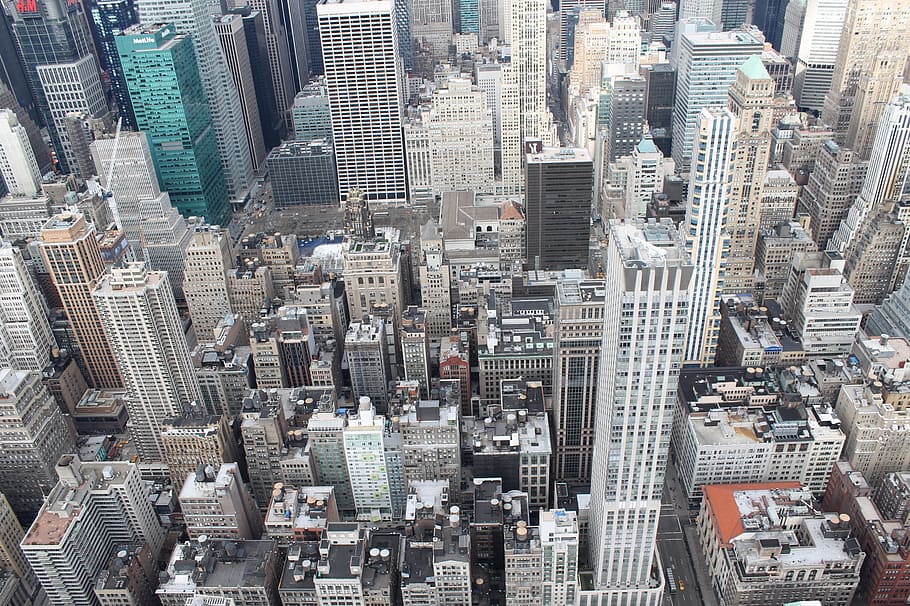 gris, pintado, rascacielos, edificios, nueva york, alto, vista superior, urbano, ciudad, paisaje urbano