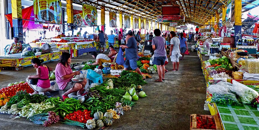 Produce, market, Batac City, Philippines, variety of spices, group of people, real people, men, vegetable, women