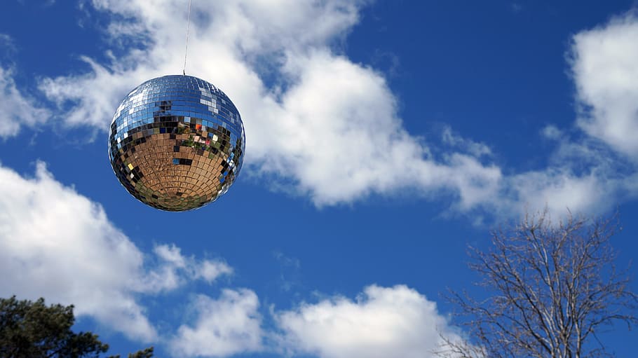mirror ball, sky, clouds, ball, reflection, cloud - sky, sphere, disco ball, nature, blue