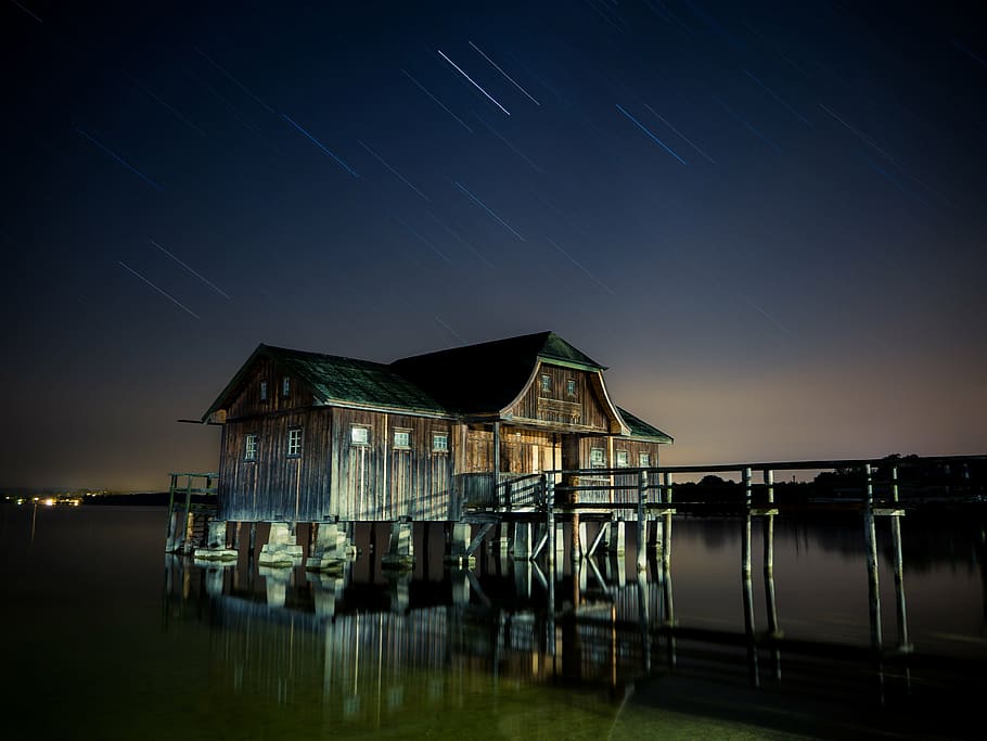 brown, green, white, house painting, hut, lake, star, milky way, ammersee, night