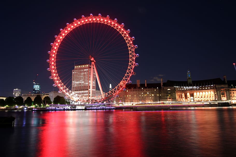 Rojo, iluminado, ferris, rueda, calma, cuerpo, agua, edificios, London Eye en la noche, London Eye a través del Támesis
