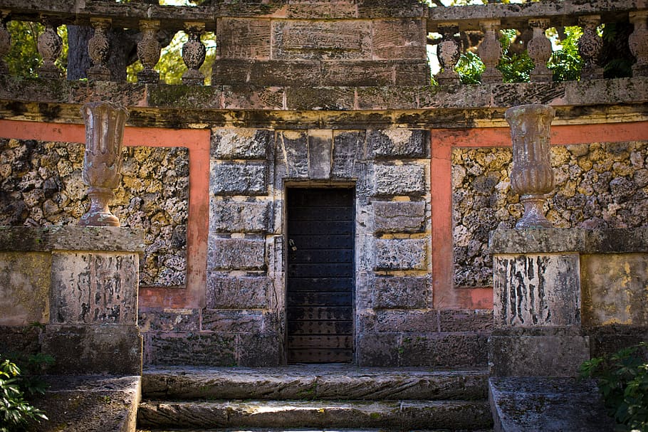 gray, orange, concrete, building, door, entrance, old, stone, ancient, historic