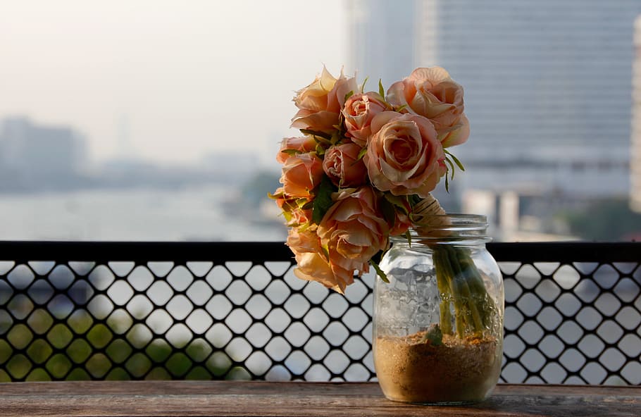 pink, roses bouquet, clear, glass mason jar, close, roses, vase, bouquet, dried flowers, flowers