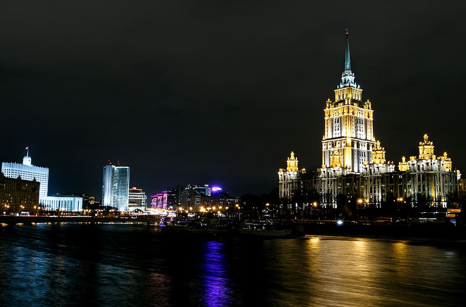 landscape photography, cityscape, Moscow, City, Night, Skyscrapers, night city, street, night lights, quay