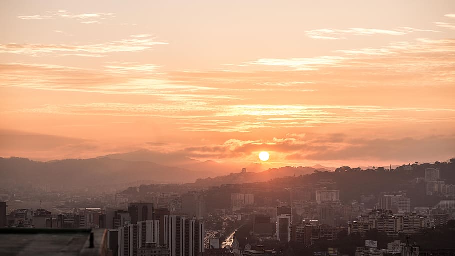 caracas, venezuela, matahari terbenam, awan, perkotaan, bangunan, panorama, gedung pencakar langit, kota, Arsitektur