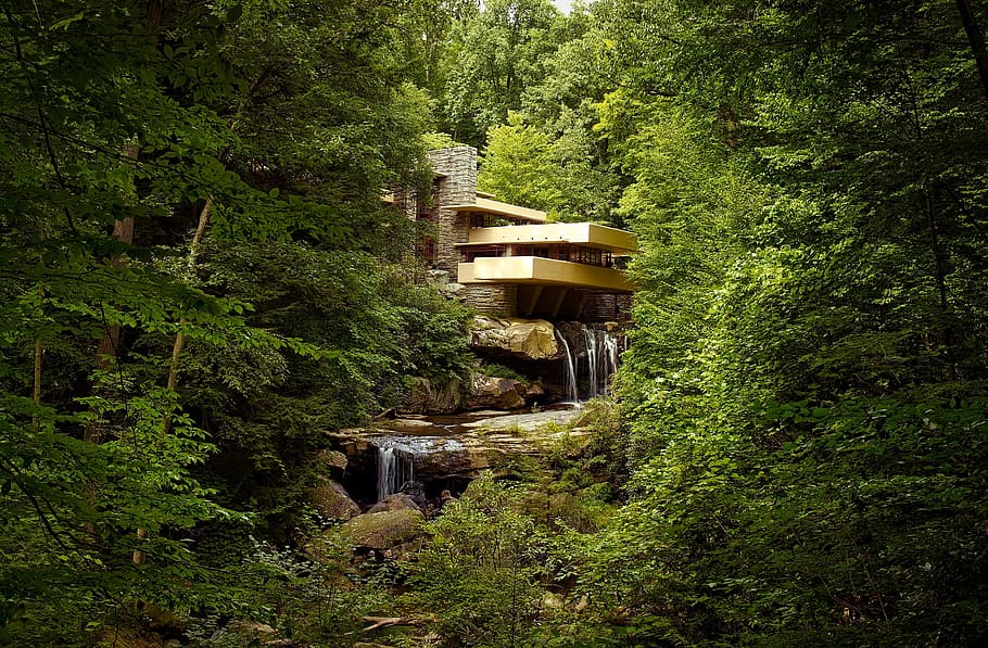 brown, house, middle, forest, water fountain, daytime, brown house, fallingwater, pennsylvania, architecture
