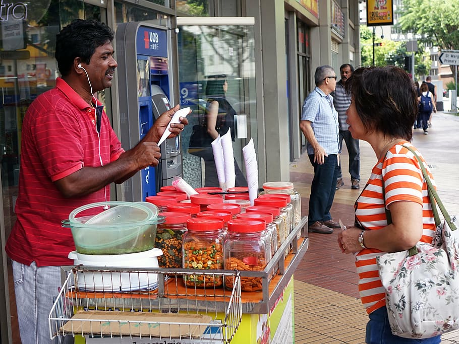 seller, buying, singapore, kacang puteh, indian, nuts, peas, snack, pushcart, business