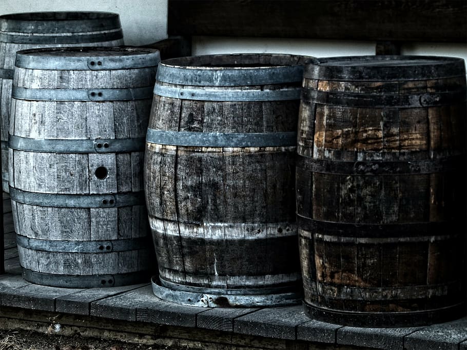 four, gray, wooden, barrels, barrel, kegs, heritage, cask, wine, alcohol
